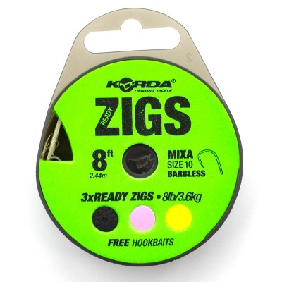 KORDA Поводок готовый Ready Zigs Barbless 8' 240см №10 3шт безбородый