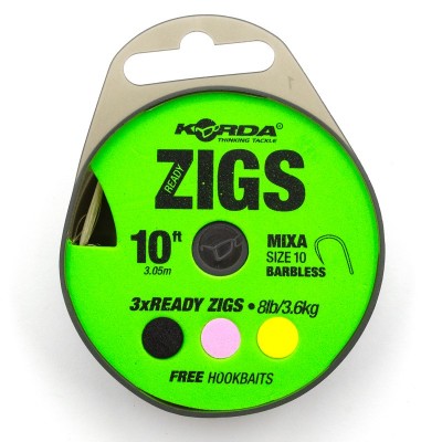 KORDA Поводок готовый Ready Zigs Barbless 10' 300см №10 3шт безбородый