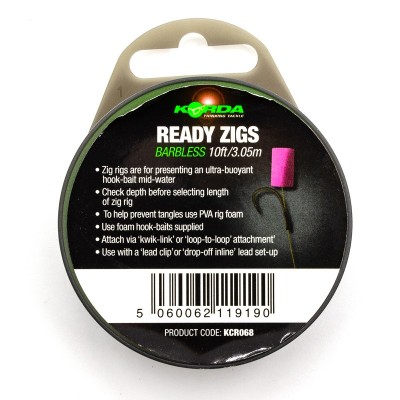 KORDA Поводок готовый Ready Zigs Barbless 10' 300см №10 3шт безбородый