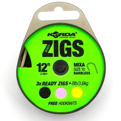 KORDA Поводок готовый Ready Zigs Barbless 12' 360см №10 3шт безбородый