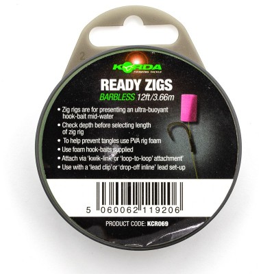 KORDA Поводок готовый Ready Zigs Barbless 12' 360см №10 3шт безбородый