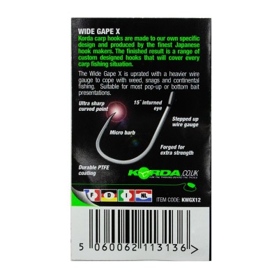 KORDA Крючок Wide Gape-X №12 с бородкой 10шт