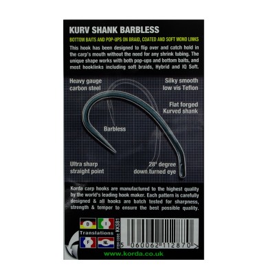 KORDA Крючок Kurv Shank Barbless №1 без бородки 10шт