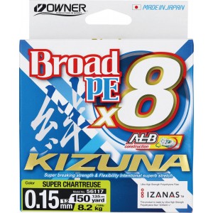 OWNER Шнур Kizuna X8 Broad PE chartreuse 135м 0.15мм 8.2кг