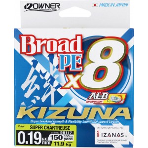 OWNER Шнур Kizuna X8 Broad PE chartreuse 135м 0.19мм 11.9кг