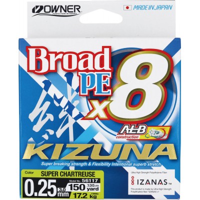 OWNER Шнур Kizuna X8 Broad PE chartreuse 135м 0,25мм 17,2кг