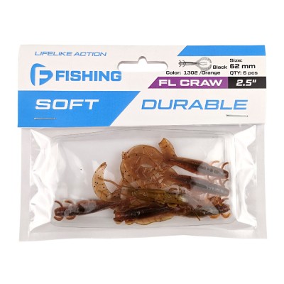 F-FISHING Рак FL Craw 2.5" #1302 Black/Orange 12см 6шт