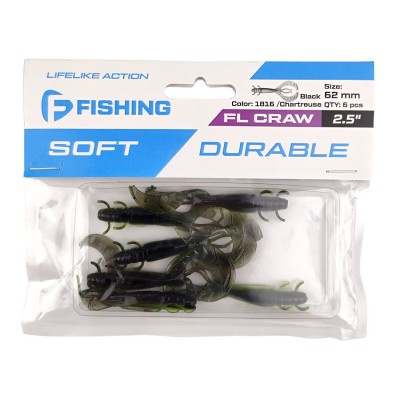 F-FISHING Рак FL Craw 2.5" #1816 Black/Chartreuse 12см 6шт