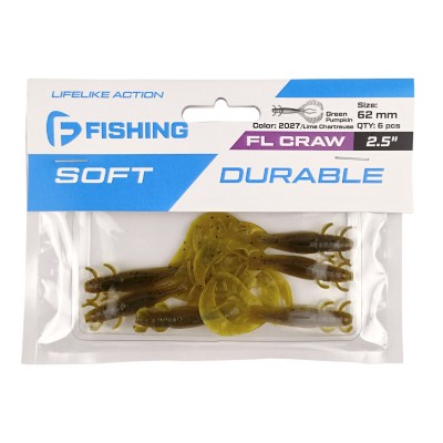 F-FISHING Рак FL Craw 2.5" #2027 Green Pumpkin/Lime Chartreuse 12см 6шт