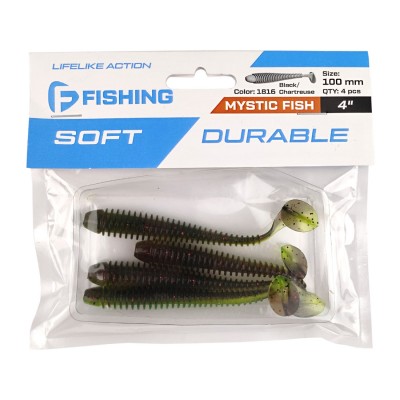 F-FISHING Виброхвост Mystic Fish 4" #1816 Black/Chartreuse 10см 4шт